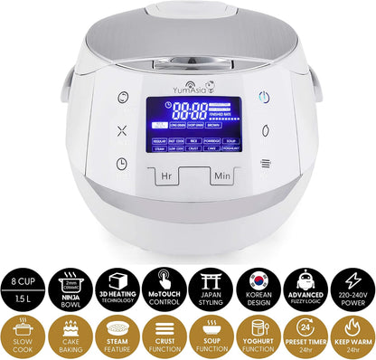 Yum Asia Sakura rijstkoker met keramische kom en Advanced Fuzzy Logic (8 kopjes, 1,5 liter) 6 rijstkokerfuncties, 6 multi-cooker functies, Motouch LED-display, 220-240V EU (White and Silver)