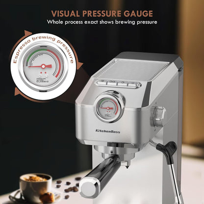 KitchenBoss Espresso Machine with Steamer: 15 Bar Professional Compact Barista Espresso Machines with Milk Frother Steam Wand, Automatische Snelle Verwarming Cappuccino Machine Latte Koffiezetapparaat