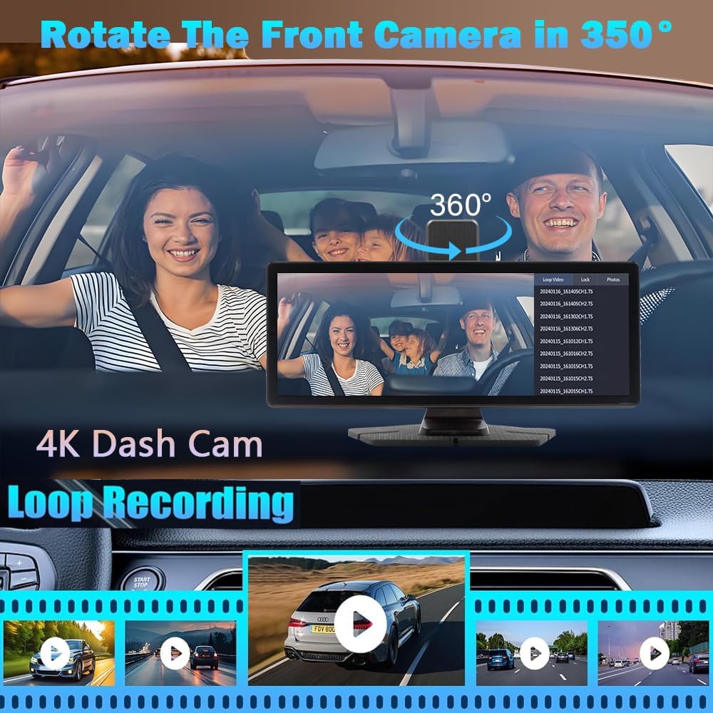 10.26" Wireless Carplay Screen 360 Rotation 4K Dash Cam Carplay/Android Car Car Stereo Car Audio Receiver with 1080p Backup Camera GPS Navigation/Mirror Link/Voice Control/Siri - QUORE
