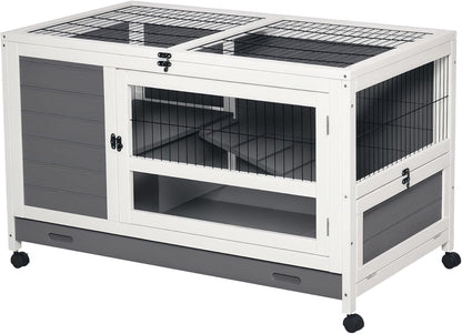 PawHut Konijnenkooi op wielen, konijnenhok, van hout, konijnenvilla met schuifblad, afsluitbare deur, open top, 102 x 60 x 63,5 cm, grijs