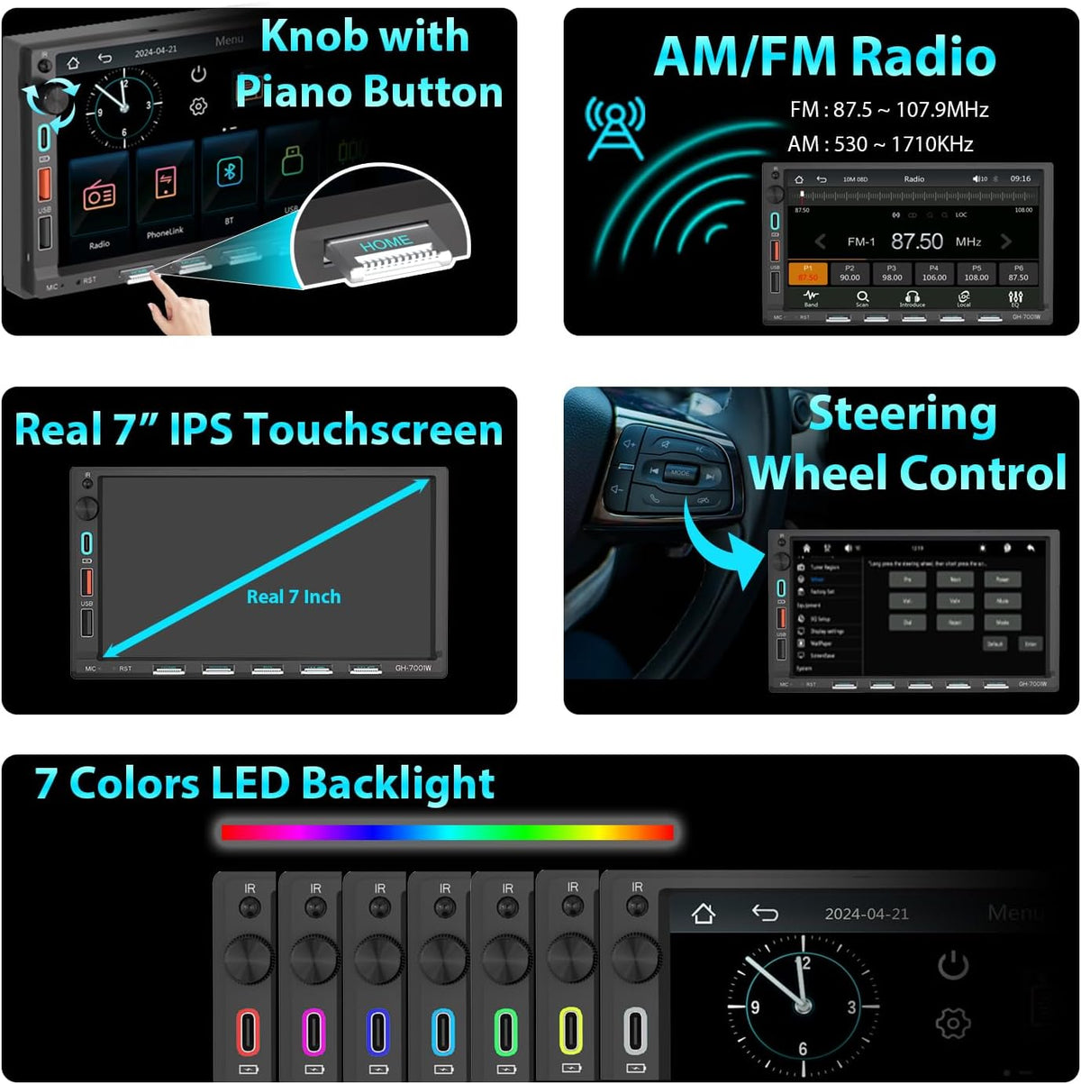 Autoradio 2 DIN Bluetooth met 7" scherm Touchscreen, Compatibel met Apple CarPlay [Wireless] Android Auto Achteruitrijcamera AM/FM/RDS Radio Type-C USB 3A snel opladen