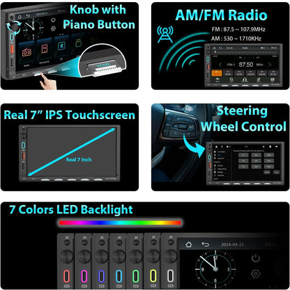 Autoradio 2 DIN Bluetooth met 7" scherm Touchscreen, Compatibel met Apple CarPlay [Wireless] Android Auto Achteruitrijcamera AM/FM/RDS Radio Type-C USB 3A snel opladen
