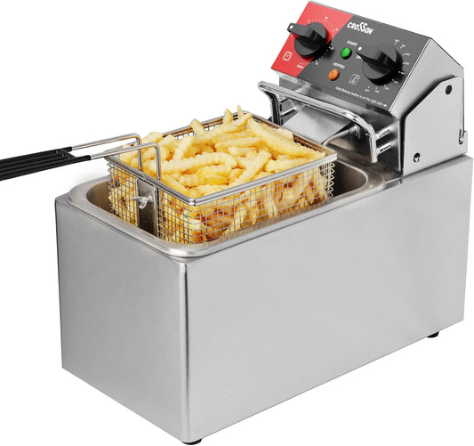 CROSSON Commerciële Roestvrijstalen Elektrische Friteuse,230V/2500W Professionele Elektrische Friteuse 4L met Verstelbaar Thermostaat 80-200°C,met Afneembare Olietank
