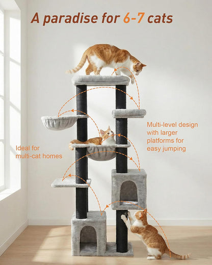 Krabpaal groot, 164 cm krabpaal voor grote katten, stabiel met 11 cm D-stammen, 2 hangmatten, 2 pluche platforms, 2 holletjes, meerlaagse kattenboom voor grote katten zoals Maine-Coon-kat