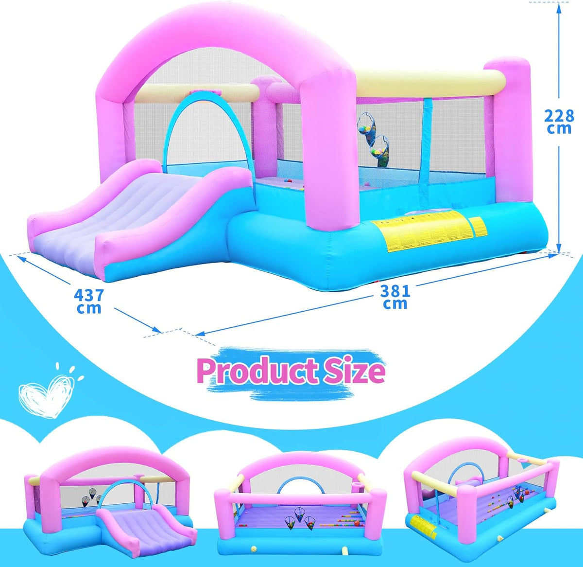 Springkasteel voor kinderen, met glijbaan en klimwand, inclusief springkasteel, binnen en buiten, springmatras voor kinderen, 3-10 jaar, 274 x 310 x 218 cm, outdoor springkastelen (groot)