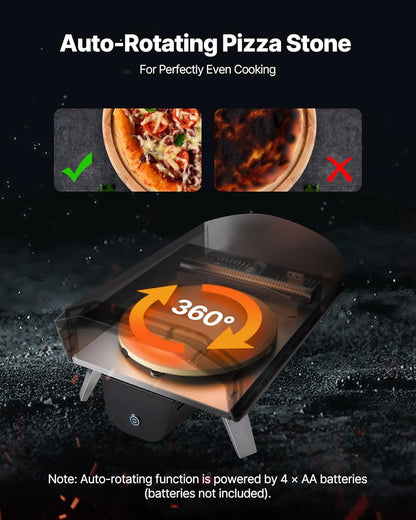 VEVOR Houtgestookte pizzaoven buiten, 30 cm automatisch roterende pizzaovens, draagbare pelletpizzamachine met thermometer en elektrisch roterend systeem, pizzasteen, draagtas en schep voor achtertuin