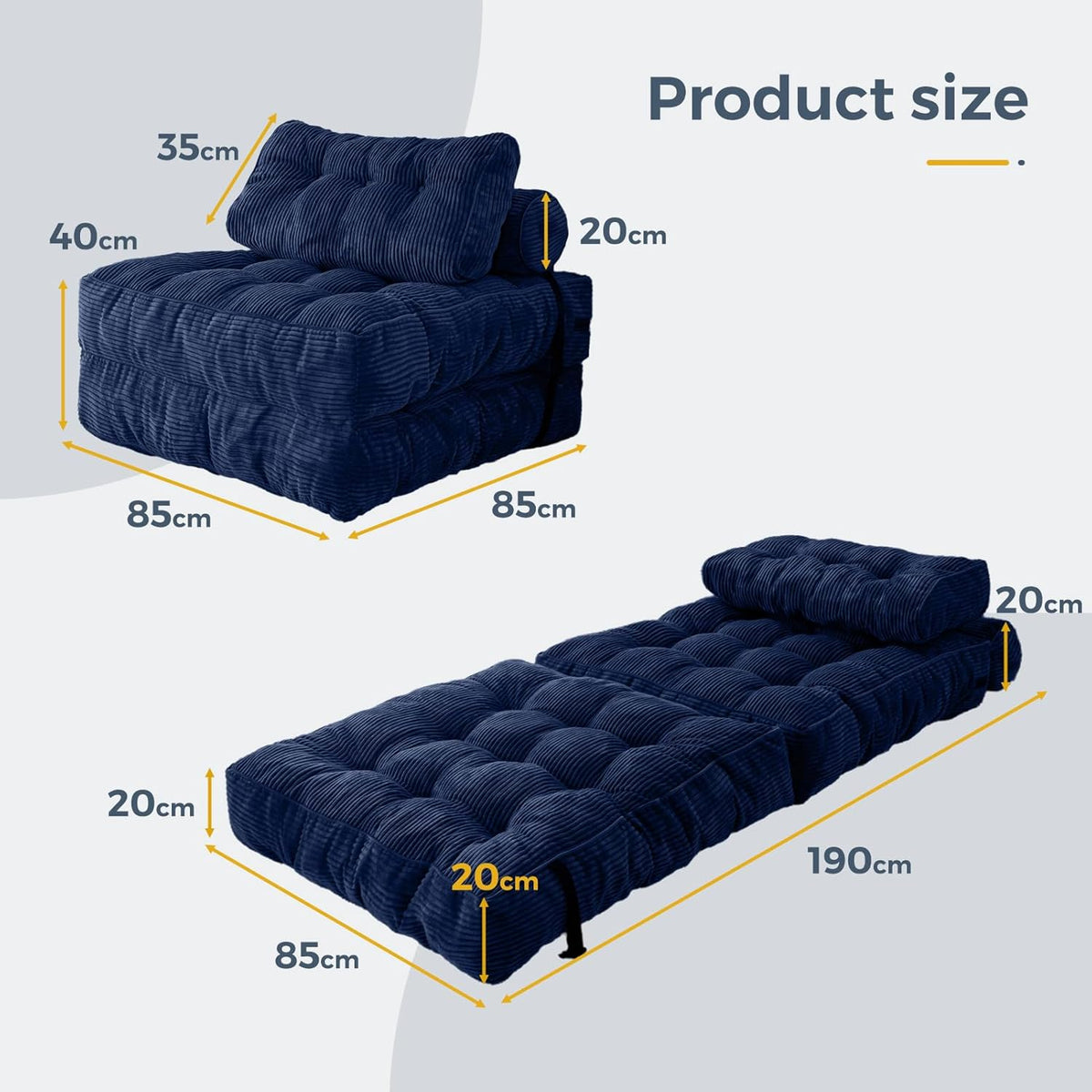 MAXYOYO Folding Sofa Bed, Convertible Sleeping Chair with Pillow, Mattress with Back Support, Portable Chair Bed, Comfortable Lounge, for Living Room, Bedroom, Navy Blue