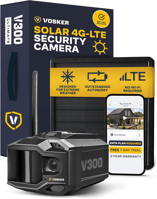 Vosker V300 Ultimate Outdoor 4G-LTE Security Camera, Wireless, Solar Panel, 15,000 mAh External Battery, SIM Card Included, Live Streaming, No WiFi Needed