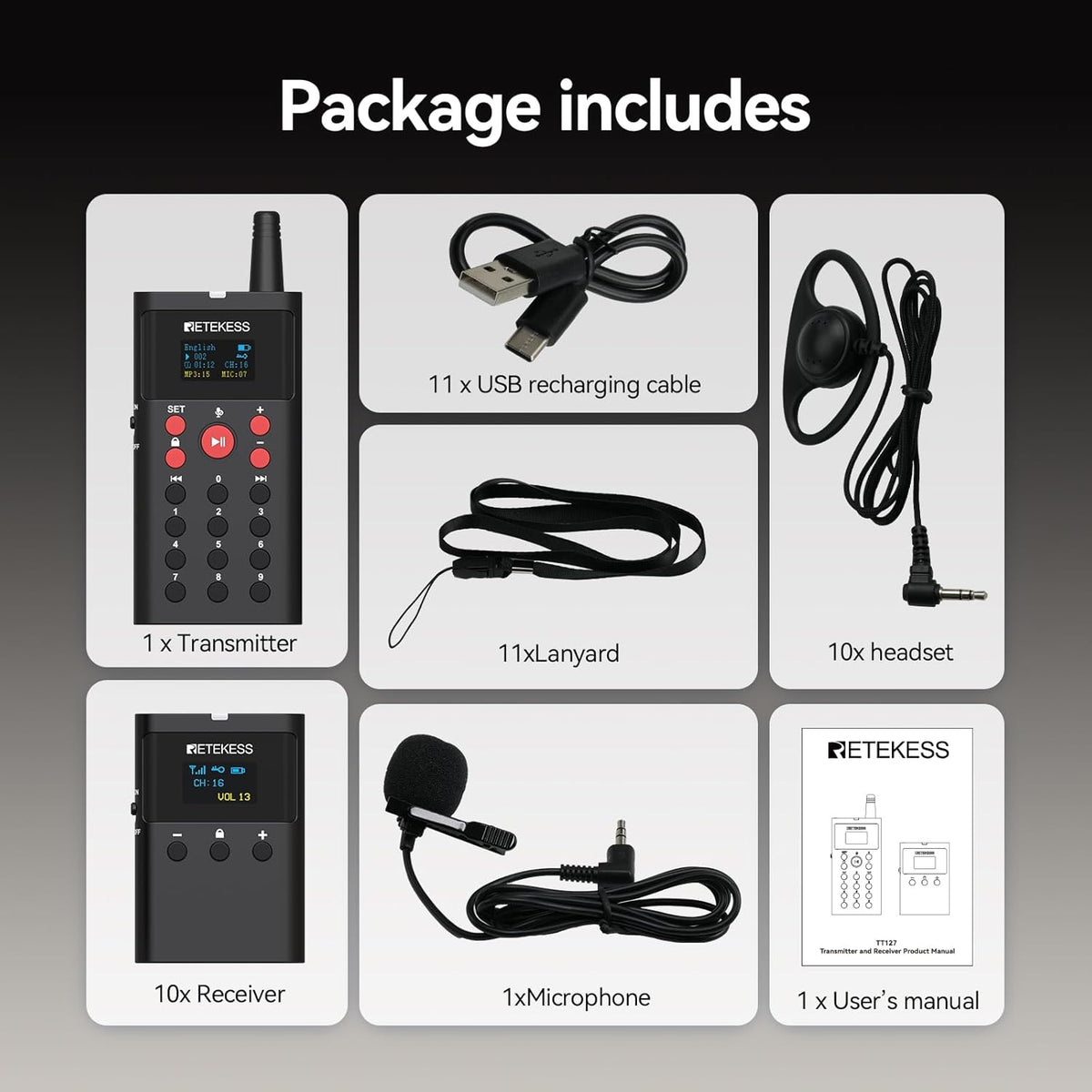 Retekess TT127 Audio Whisper Tour Guide System, Tour Guide System, Uitlegmodus voor Twee Personen, On-Demandfunctie, 200 m, voor Museumtentoonstellingen(1 zenders 10 ontvangers)