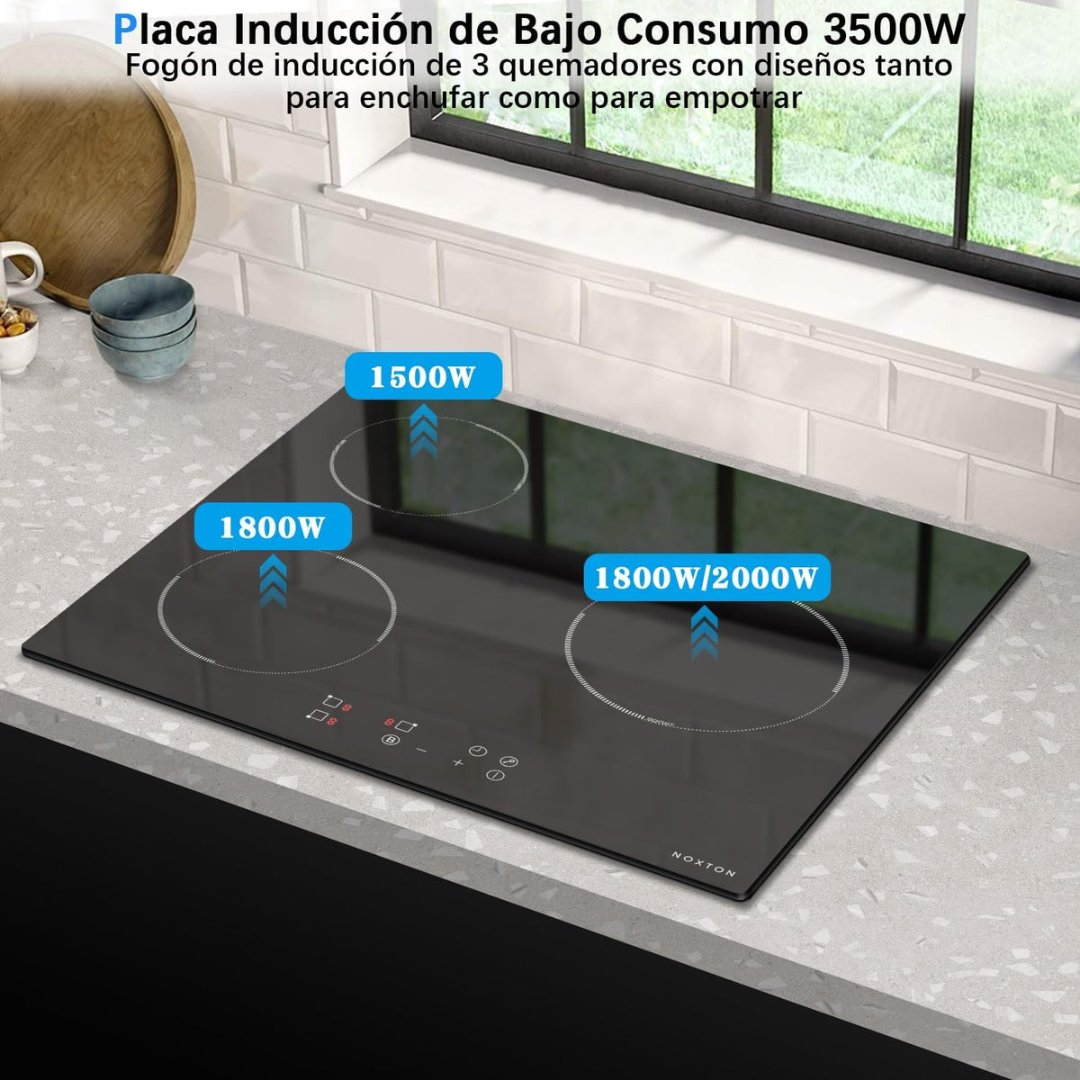NOXTON Inductiekookplaat 3 kookplaten 60 cm, uitgerust met een 60cm stekker, touch control, 1-90 minuten timer, 9-speed, kinderslot, automatisch sluiten, warmteindicator (3500 watt).