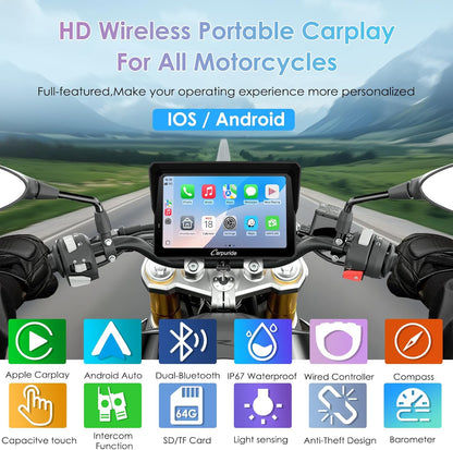 Motorfietsscherm – Motorfiets Display – Navigatiescherm Motor – Bluetooth Scherm Motorfiets – 7 Inch Touchscreen – Draadloos CarPlay & Android Auto – IP67 Waterdicht – Dubbele Bluetooth Verbinding