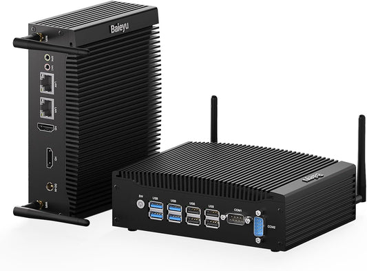 Baieyu Mini Industriële Fanless Desktop Computer Core i5-7300U 2.6-3.5GHz Mini PC Voorgeïnstalleerd Windows 10 Pro 16GB RAM DDR4 512GB SSD, 2×HD, 2×RS232 COM, 4×USB 3.0, 4×USB 2.0, Auto Power On