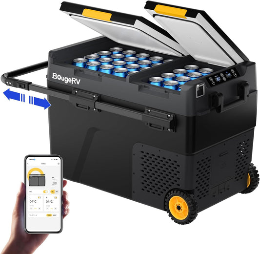 BougeRV CRD2 Compressorkoelbox, 49 liter, met vriesvak, dubbele deur, dubbele zones (verbeterde aluminium handgreep), autokoelbox met wielen, 12 V/24 V, 230 V, campingkoelkast, auto, elektrisch met