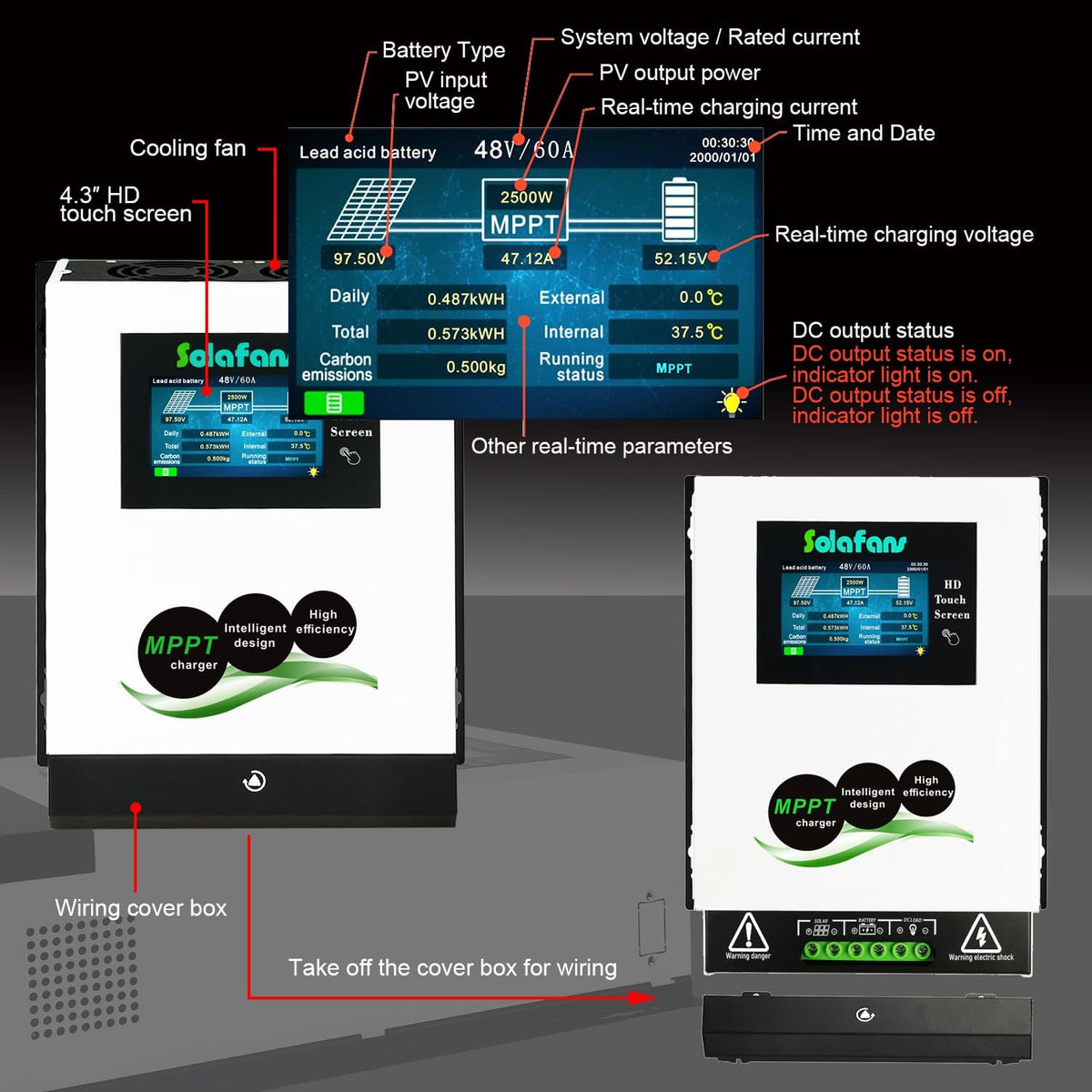 80A 90A MPPT Controller 4.3 inch HD Touchscreen PV DC150V 12V/24V/36V Dode Batterij Reactivatie Meertalig met Bluetooth (48V 80A RS485)
