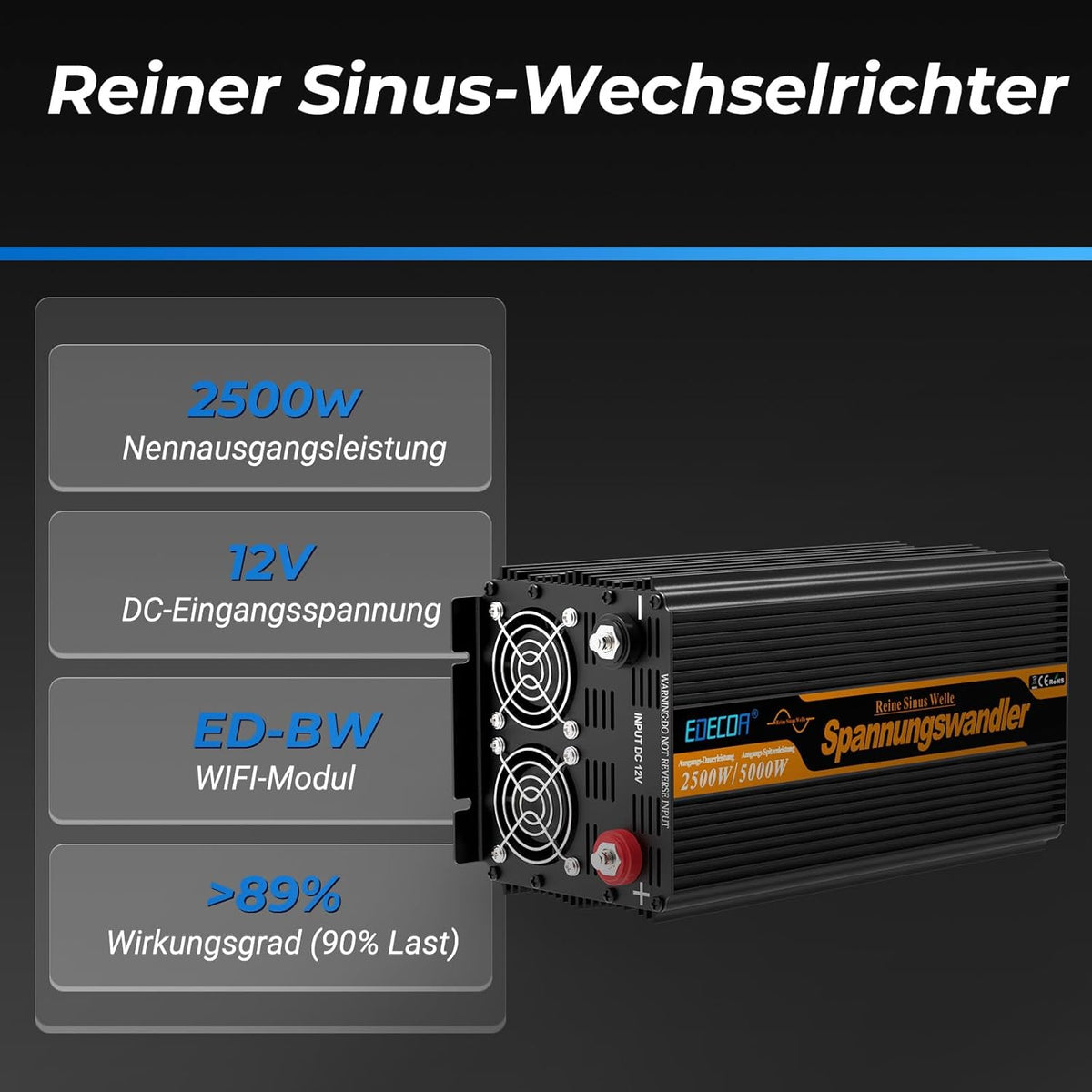 EDECOA 12 V 230 V omvormer, 2500 W/5000 W, 12 V naar 230 V, zuivere sinusgolf, omvormer met wifi-module, ondersteuning voor app-functies met 1 USB-poort en 1 PD-aansluiting