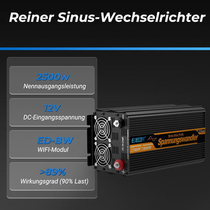 EDECOA 12 V 230 V omvormer, 2500 W/5000 W, 12 V naar 230 V, zuivere sinusgolf, omvormer met wifi-module, ondersteuning voor app-functies met 1 USB-poort en 1 PD-aansluiting
