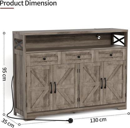 Sideboard, keukenkast met laden, opbergkast, dressoir met open plank, koffiebarkast voor keuken, eetkamer, woonkamer, 130 x 35 x 95 cm, grijs in houtlook