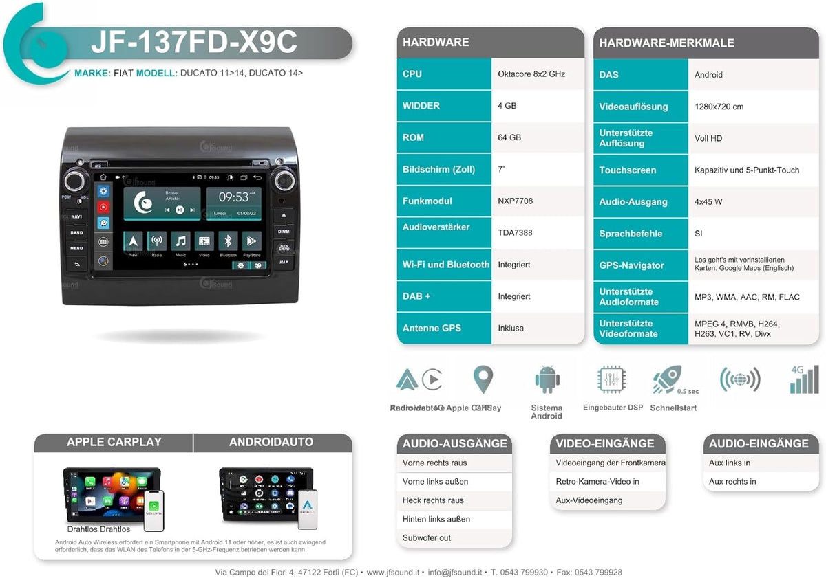 Specifieke autoradio voor Fiat Ducato 290 Android GPS Bluetooth WiFi USB DAB+ Touchscreen 7" 8core Carplay AndroidAuto