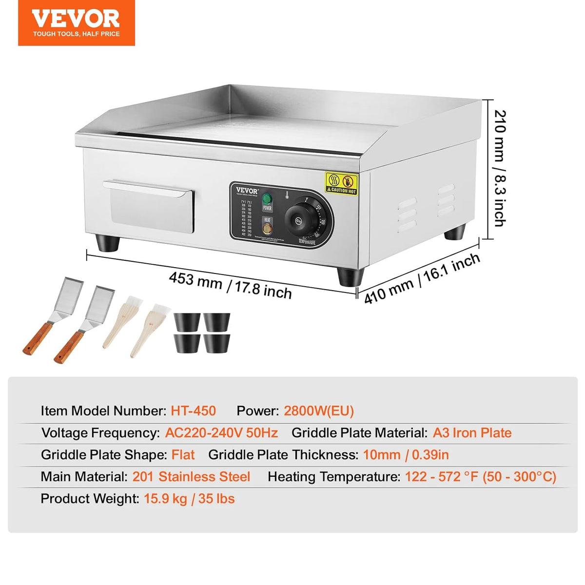 VEVOR Elektrische grillplaat, 2800 W, instelbare temperatuur 50-300 °C, plaat van roestvrij staal 45 x 30 x 1 cm, met 2 vleugels en 2 borstels voor thuis of restaurant