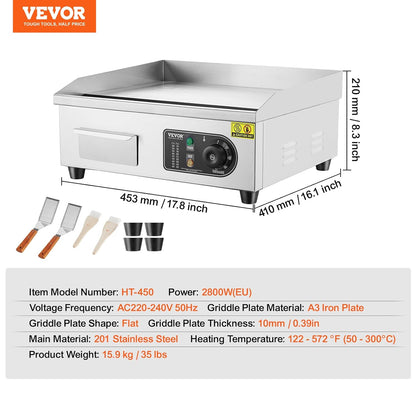 VEVOR Elektrische grillplaat, 2800 W, instelbare temperatuur 50-300 °C, plaat van roestvrij staal 45 x 30 x 1 cm, met 2 vleugels en 2 borstels voor thuis of restaurant