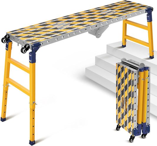 2-in-1 stabiel werkplatform + mobiele lastafel met antislip plakstrips, 160 x 36 cm inklapbaar werkplatform steiger werkbank verzinkt met in hoogte verstelbaar, 500 kg belastbaarheid