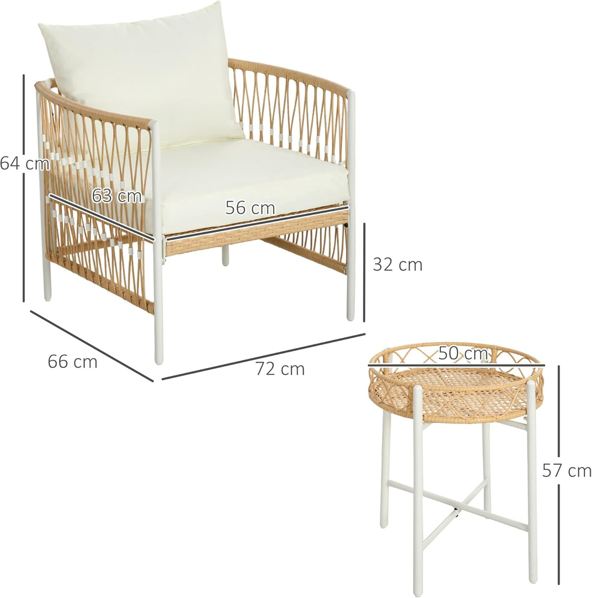 Outsunny 3-Piece Rattan Garden Furniture Set, Garden Set with 2 Garden Chairs, Coffee Table, Balcony Furniture Set with Cushions, for Balcony, Terrace, Yellow+Cream. - QUORE