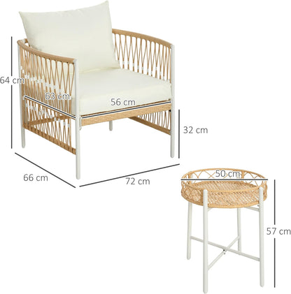 Outsunny 3-Piece Rattan Garden Furniture Set, Garden Set with 2 Garden Chairs, Coffee Table, Balcony Furniture Set with Cushions, for Balcony, Terrace, Yellow+Cream. - QUORE