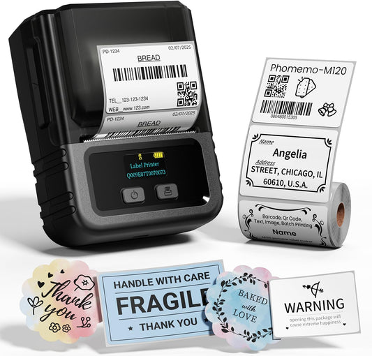 Phomemo M120 labelprinter, Bluetooth met etiketten, barcode-printer, labelapparaat, thermische labelteermachine, printgrootte 20-50 mm, compatibel met iOS en Android, voor thuis, kantoor
