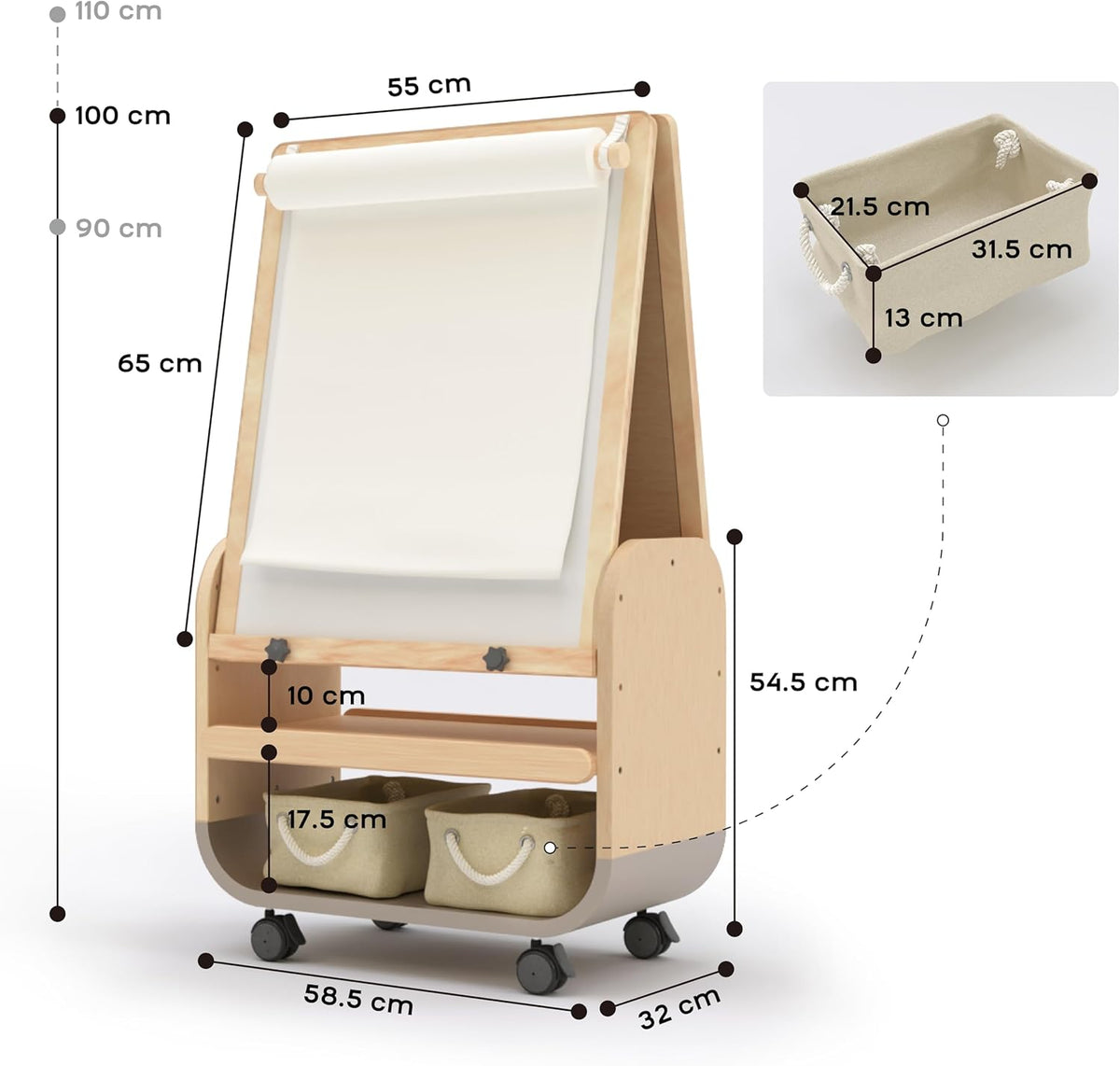 BanaSuper Verstelbare kinderezel met dubbel magnetisch oppervlak, whiteboard en whiteboard, kunstschildersezel voor kinderen, stille wielen, EN71-gecertificeerd en opbergtas