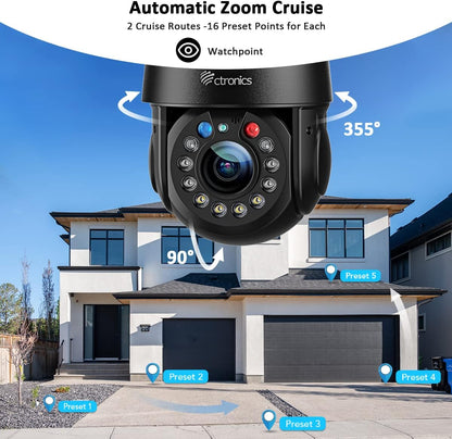 Ctronics Bewakingscamera, 5MP, 30x, wifi, voor buiten, HD-nachtzicht, 150 m, PTZ-beveiligingscamera, menselijke detectie, automatisch tracking, akoestisch alarm, IP66 waterdicht, zwart
