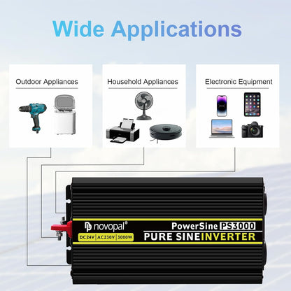 novopal Power Inverter Pure Sinusgolf-3000 Watt 24V DC naar 230V/240V AC Converter-2AC EU Outlets Car Inverter met Dua USB Ports-5 Meter Afstandsbediening en Twee Koelventilatoren-Peak Power 6000 Watt