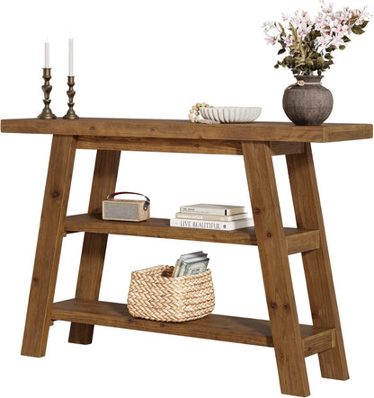 Solid Wood Console Table, 120 cm Long Country Entrance Table with 3-Stage Shelves, Rectangular Sofa Tables Behind Sofa, Narrow Accent Tables for Hallway, Entrance, Foyer, Living Room (Brown)