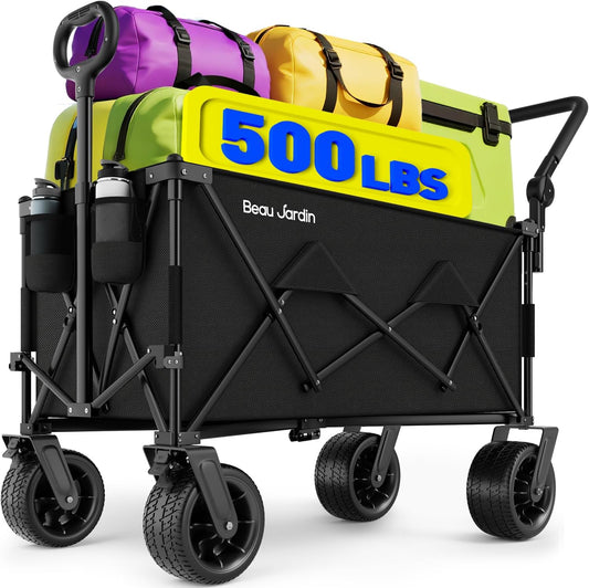 Beau Jardin Opvouwbare strandwagen, met wielen, opvouwbaar, met intrekbare handgreep, voor elk terrein, transport, draaibare voorwielen, capaciteit voor kamperen, buiten en picknick, zwart