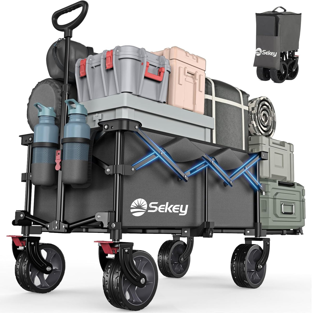 Sekey XXL opvouwbare handkar met uitklapbare achterklep 135L & 200L, opvouwbare handkar opvouwbare vistrolley opvouwbaar vanuit VIER richtingen tot 150KG, SE4019, Grijs