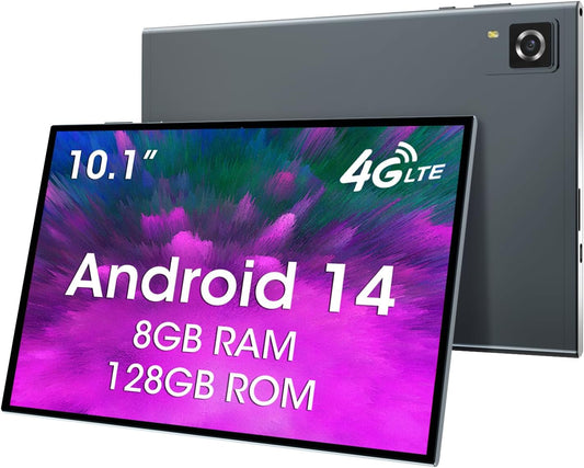 CWOWDEFU Tablet met SIM-kaartsleuf, 10 inch tablet, 4G LTE en telefoon (oproepen), Android 14,8 GB RAM, 128 GB ROM (TF tot 1 TB), GSM ontgrendeld, phablet, 6000 mAh, GPS, Octa-Core (grijs)