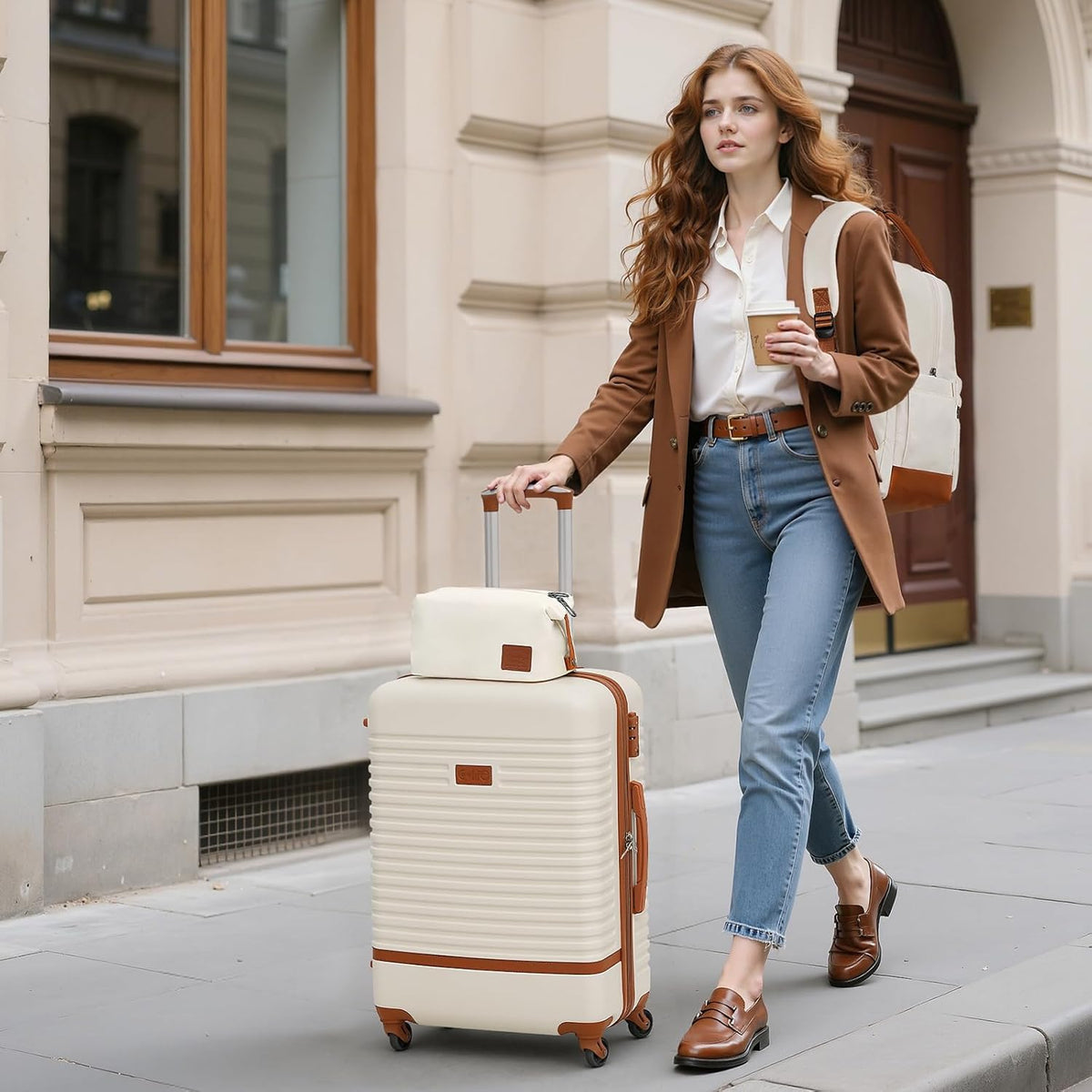 COOLIFE Koffer trolley reiskoffer ABS harde schaal TSA-slot, bevat 1 reisrugzak en 1 toilettas, grijs/roze, Handgepäck-Set 3tlg, Reisset, prachtig ontworpen