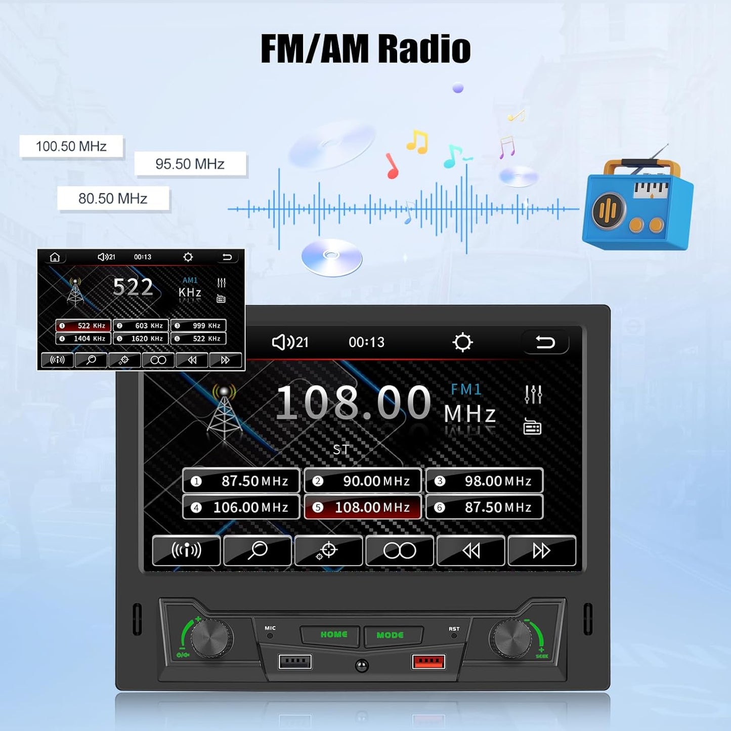 OiLiehu 1-DIN Autoradio met Draadloze CarPlay & Android Auto, 8" Radio met Scherm, MP5 Multimedia Speler