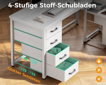 Coleshome Bureau met Stoffen laden, Omkeerbaar Bureau, 140 x 80 cm L-vorm met Aktlade, Hoekbureau met USB-Oplaadpoort en Stopcontact, Thuiskantoor, Bureau, Wit