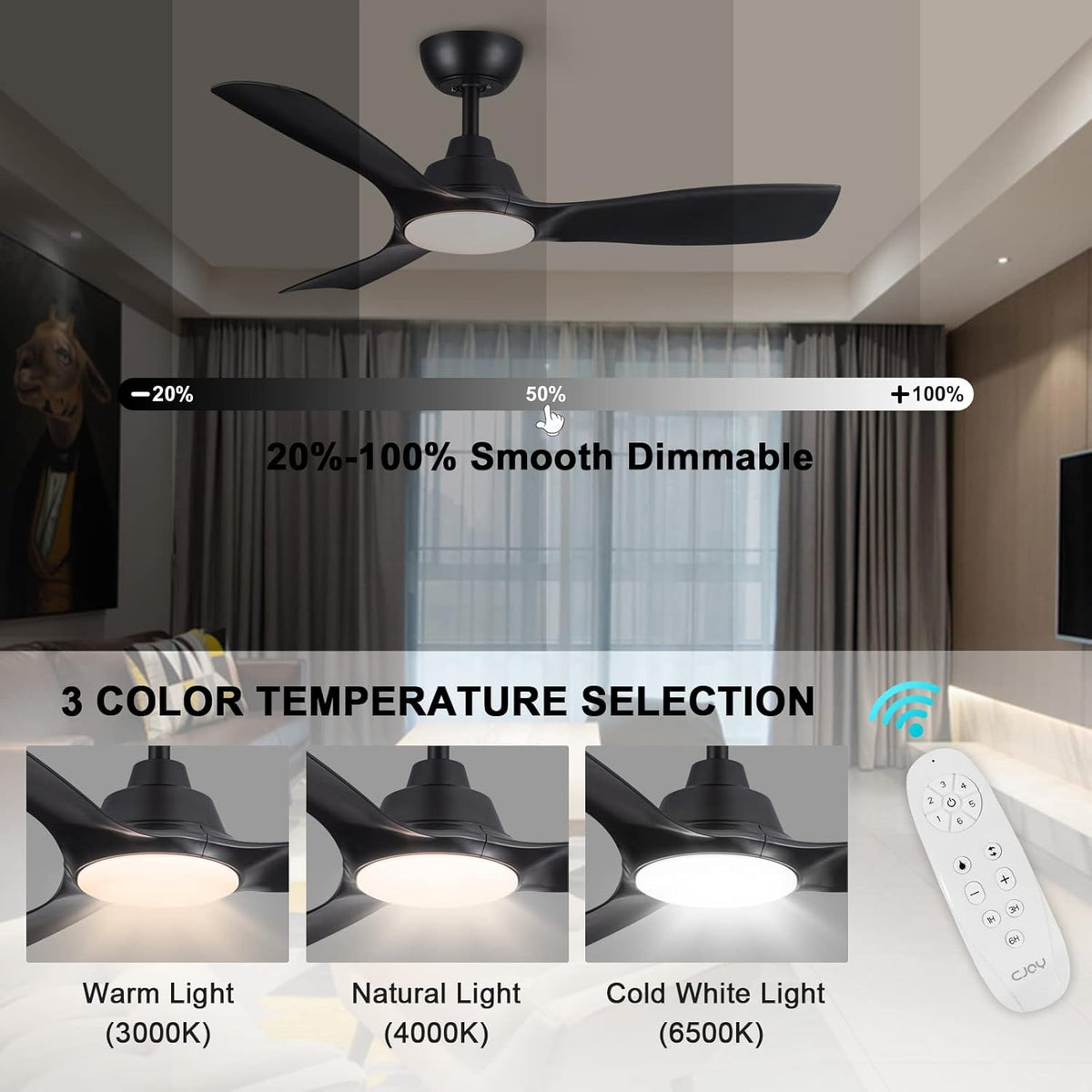 CJOY Plafondventilator Met Licht, Dimbare LED Plafondventilator met Verlichting 107cm, Moderne Plafondventilator met Verlichting, Zomer- en Wintermodi, 6 Windsnelheden, 3000K/4000K/6500K, Timer