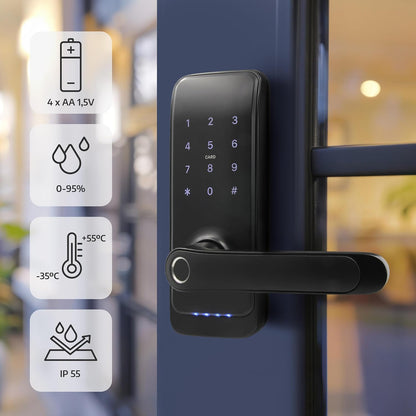 EURA ELH-01H4 Smart deurslot met handgreep, codeslot, 13,56 MHz nabijheidslezer, biometrische lezer, app TTLock/TTHotel, IP65, universele vergrendelafstand, zwart