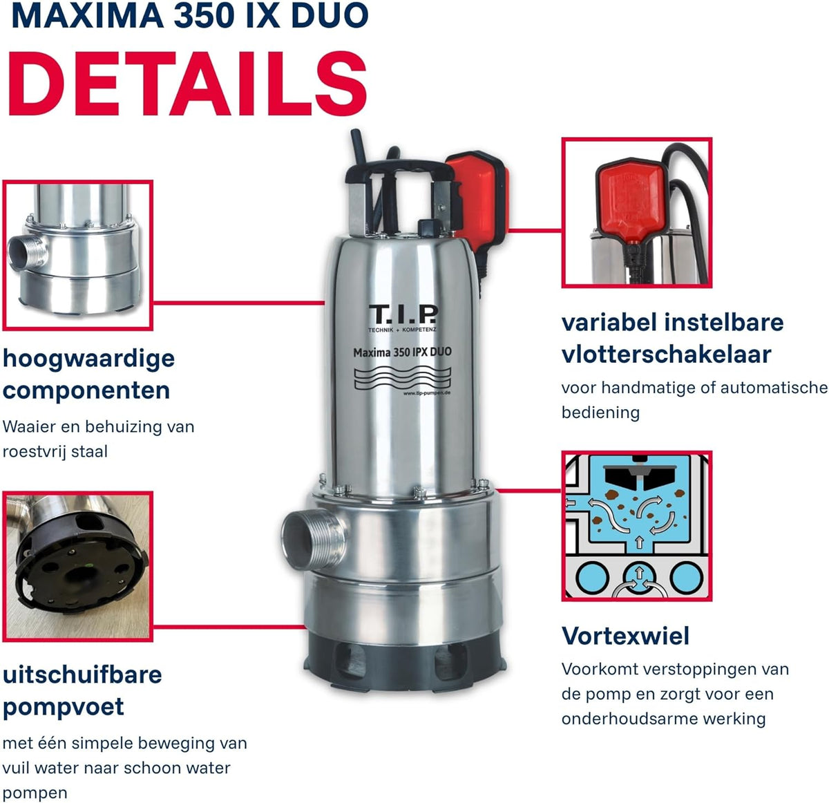 Vuilwaterpomp – Dompelpomp – Waterpomp – Drainagepomp – Noodpomp – Uitschuifbare Pompvoet – Vlakke Aanzuiging 1 Mm – 800 W – 20.000 L/uur – Max. Opvoerhoogte 8 M