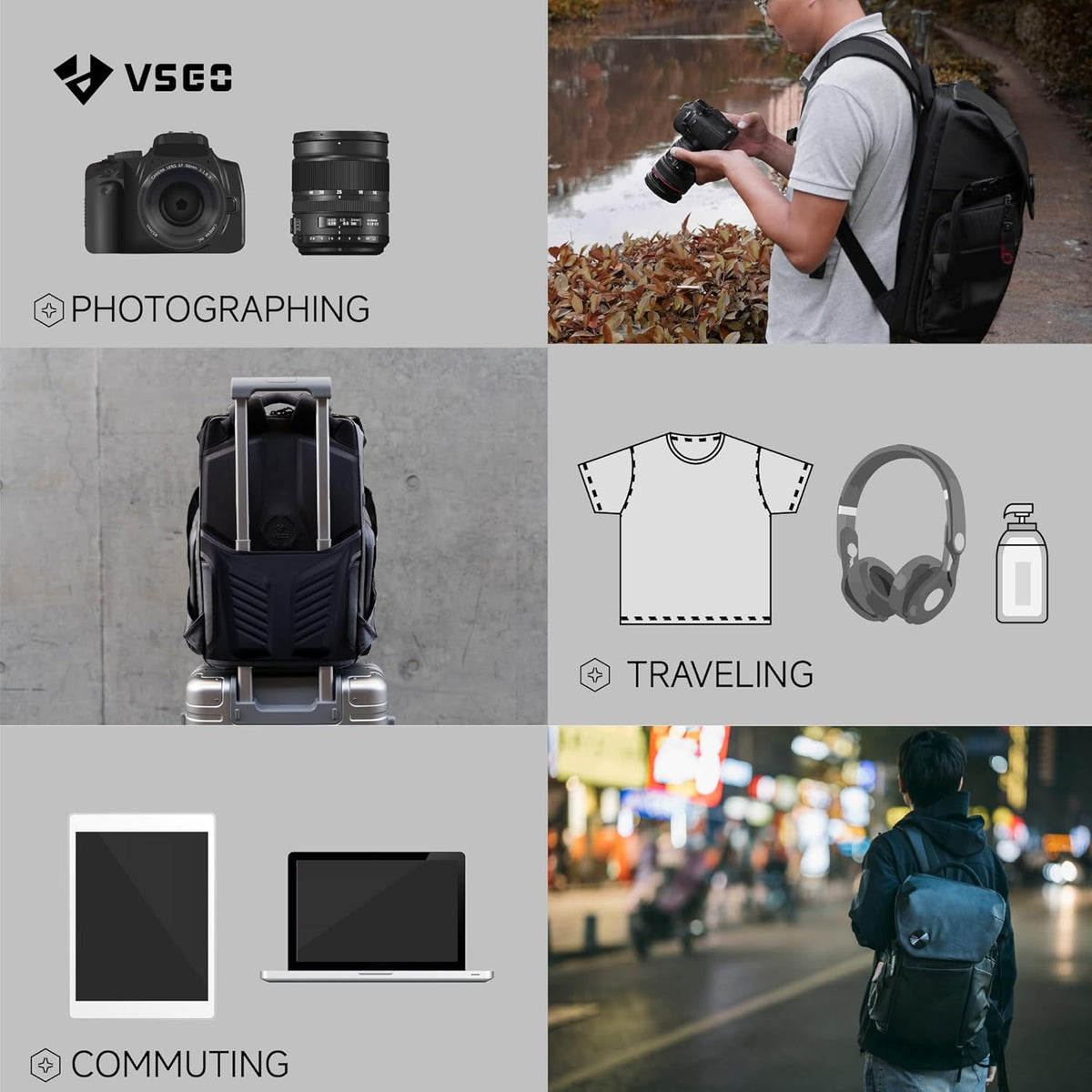 VSGO Professionele camerarugzak, 20 liter, compatibel met Sony Canon Nikon-camera's, DJI RSC2 Gimbals, statief, 15,6 inch laptop, lenzen en accessoires - waterdicht TPU-canvas, reizen en buitengebruik