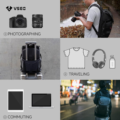 VSGO Professionele camerarugzak, 20 liter, compatibel met Sony Canon Nikon-camera's, DJI RSC2 Gimbals, statief, 15,6 inch laptop, lenzen en accessoires - waterdicht TPU-canvas, reizen en buitengebruik