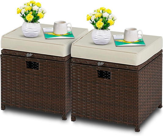 YIYAN 2 stuks terrasvoetenbankjes voor buiten, PE-rotan voetenbank met opbergruimte, voor alle weersomstandigheden, outdoor, voetensteun met afneembaar kussen (wit)