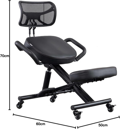 Knielstoel met rugleuning Ergonomisch voor kantoor, Verstelbare kruk met schuine zitting voor een betere houding, Dikke comfortabele kussens, Zwart