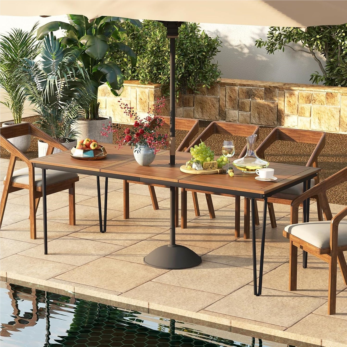 Tuinmeubel Tafel – Buitentafel – Balkon Tafel – Eettafel – Tuin Eettafel – Acaciahouten Tuintafel 200x90 cm – Umbrellagat – Robuust Metaal Frame