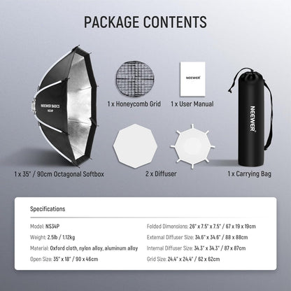 NEEWER BASICS Achthoekige Softbox Kit voor Studio Fotografie Video-opname Streaming, 35"/90cm Quick Release Bowens Mount Softbox/Grid/Lichtdiffusers/Bag, voor Continue Verlichting Strobe Flash, NS34P