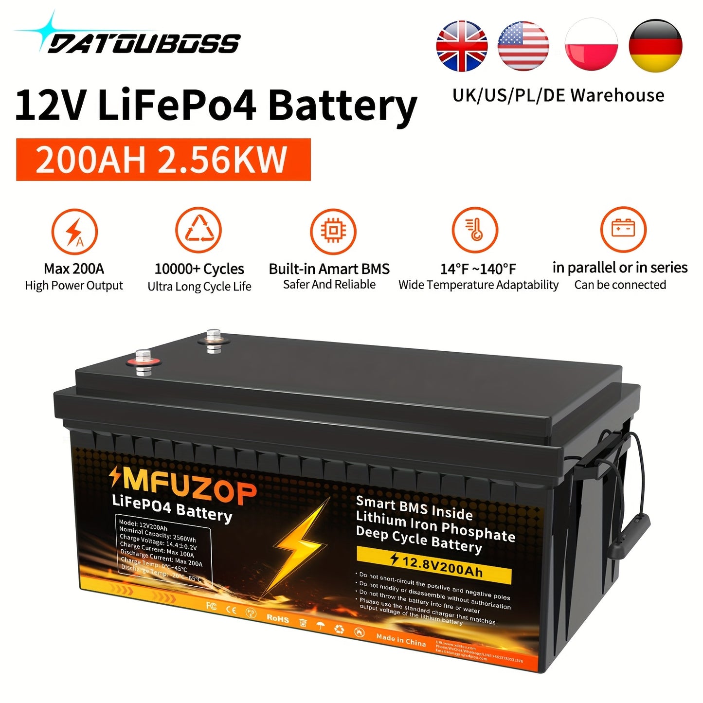 Li-ion Accu – Lithium Batterij – Oplaadbare Accu – LiFePO4 Accu – 12V 200Ah – Lange Levensduur – Geavanceerd BMS Systeem