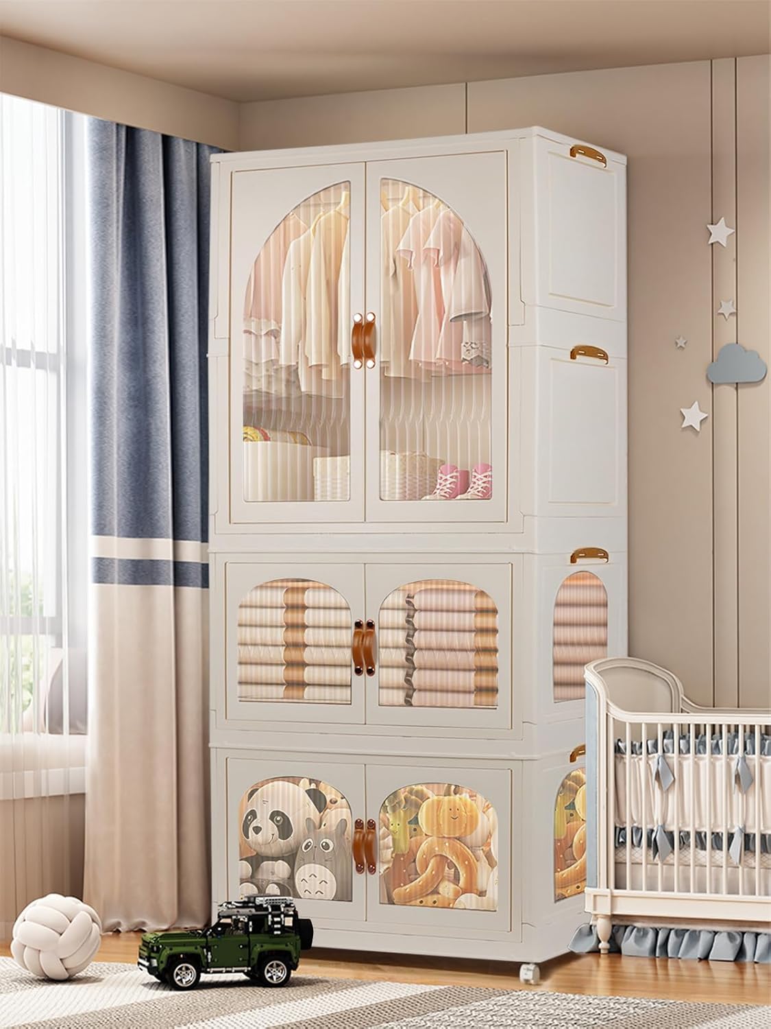 Kalolary 3 Verdiepingen Garderobe, Draagbare Garderobekast voor Hangkasten Portable Storage Wardrobe met 10 Hangers Kinderkast Opvouwbare Kledingkast voor Het Ophangen Van Kleding Opslagruimte