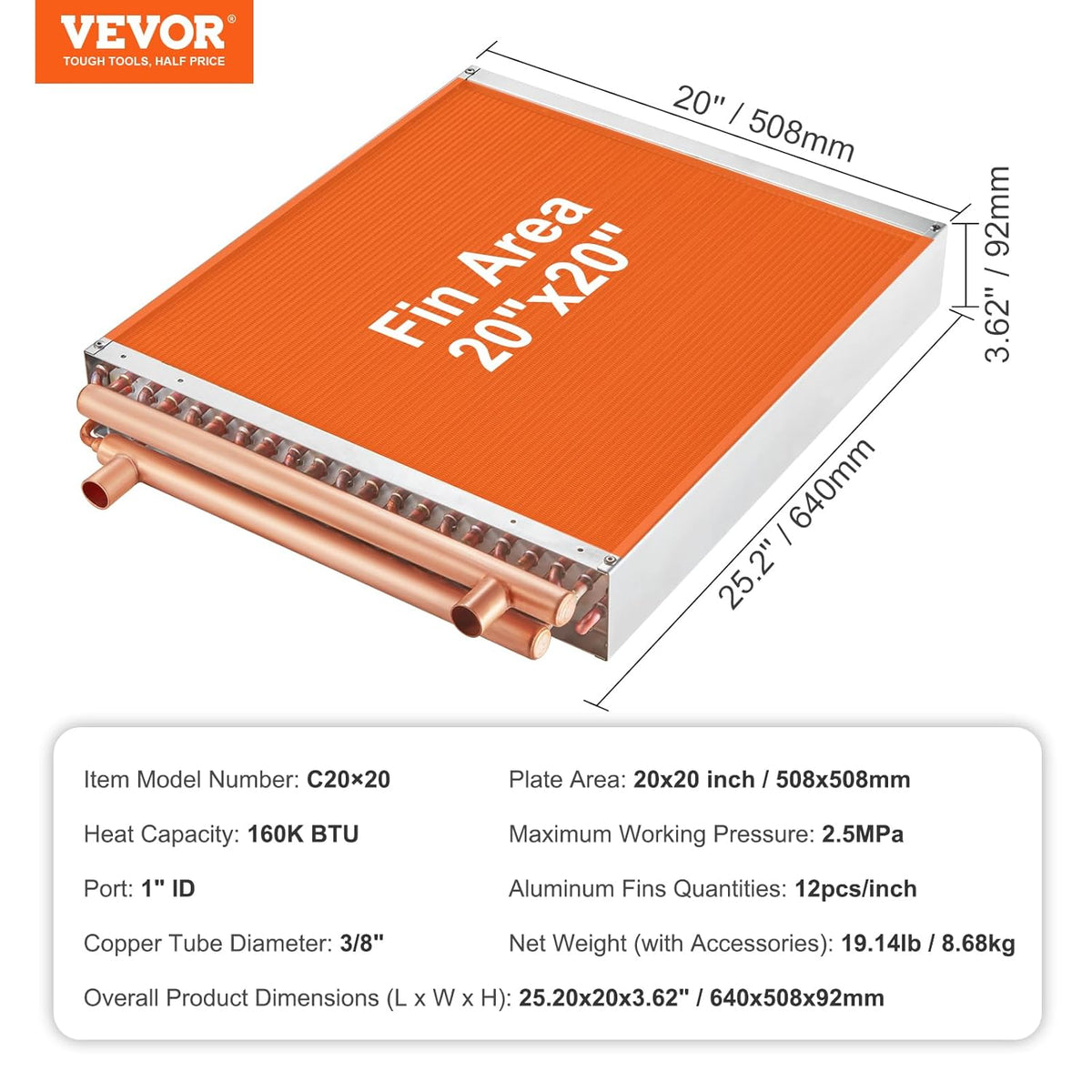 VEVOR Warmtewisselaar van water naar lucht, 20 "x 20" met 3-rij 3/8" koperen poorten, 242 aluminium vinnen warmtewisselaar voor houtovens buiten, woonverwarming en koeling, en geforceerde